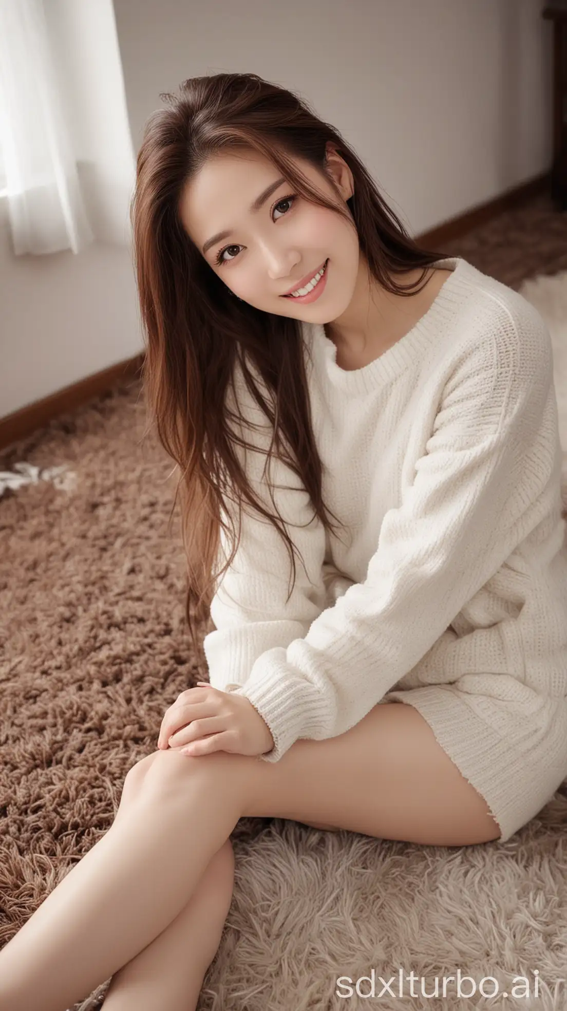 Chinese-Woman-with-Sweet-Smile-in-Winter-Clothes-Lying-in-a-Room