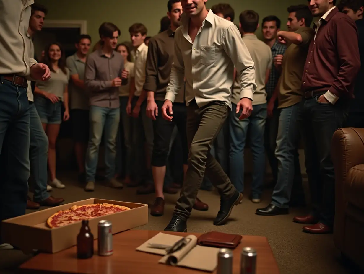 A chaotic scene at a college fraternity party. Empty pizza boxes and beer bottles litter a coffee table. A young man, seemingly intoxicated, stumbles through the crowded room, his eyes glazed over. He fumbles in his pockets, dropping a leather checkbook onto the floor. The checkbook bounces off a discarded beer can and lands face down on the sticky carpet. Other partygoers, oblivious to the incident, continue to socialize and dance. The overall atmosphere is one of youthful exuberance and potential chaos.