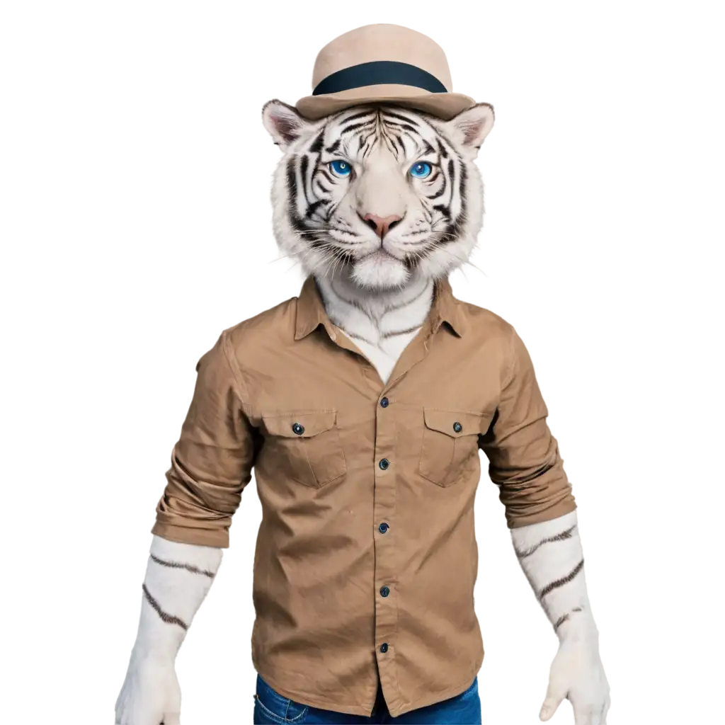 Realistic-White-Tiger-with-Blue-Eyes-PNG-Standing-in-Human-Pose-with-Shirt-and-Hat