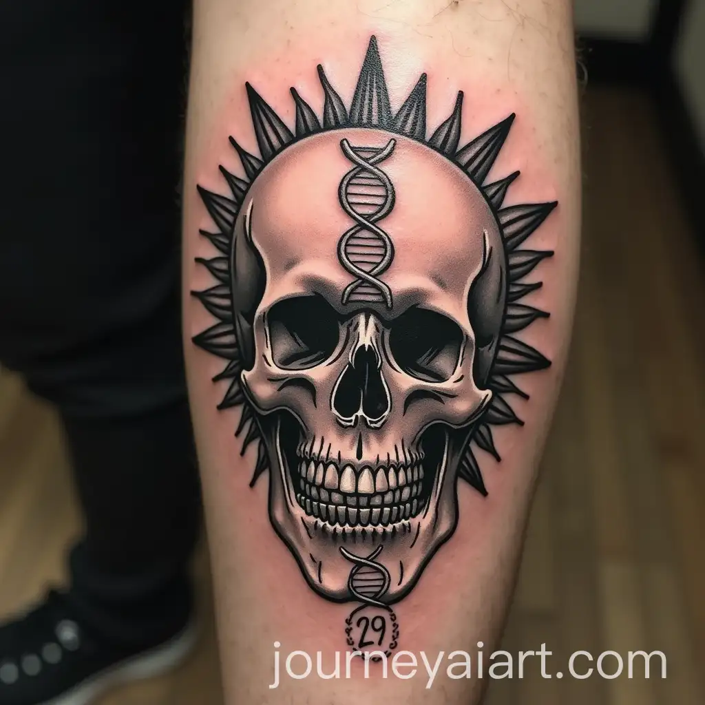 Skull-Tattoo-with-Cleft-Lip-Roman-Numerals-DNA-Strand-and-Sun-Design