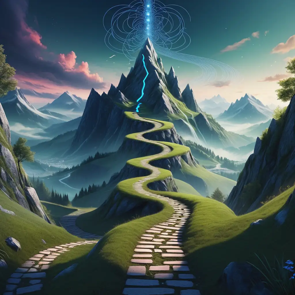 Mystical Landscape with Paths Leading to Enchanted Mountain