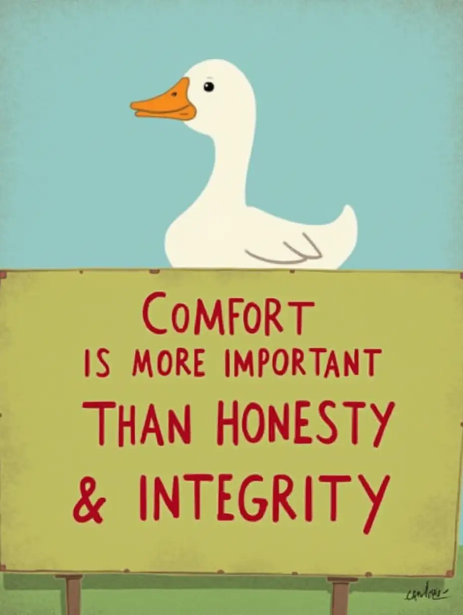 A white duck is sitting on a yellowish-green billboard with red text 'COMFORT IS MORE IMPORTANT THAN HONESTY & INTEGRITY'