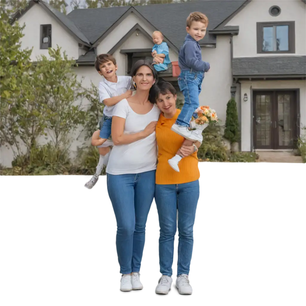 Happy family in front of their home