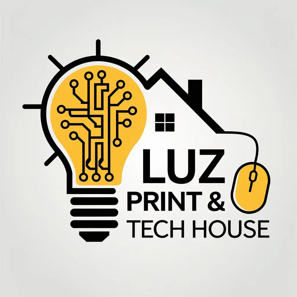 LOGO Design for Luz Print Tech House Yellow Black with Incandescent Lamp and Circuit Board Theme