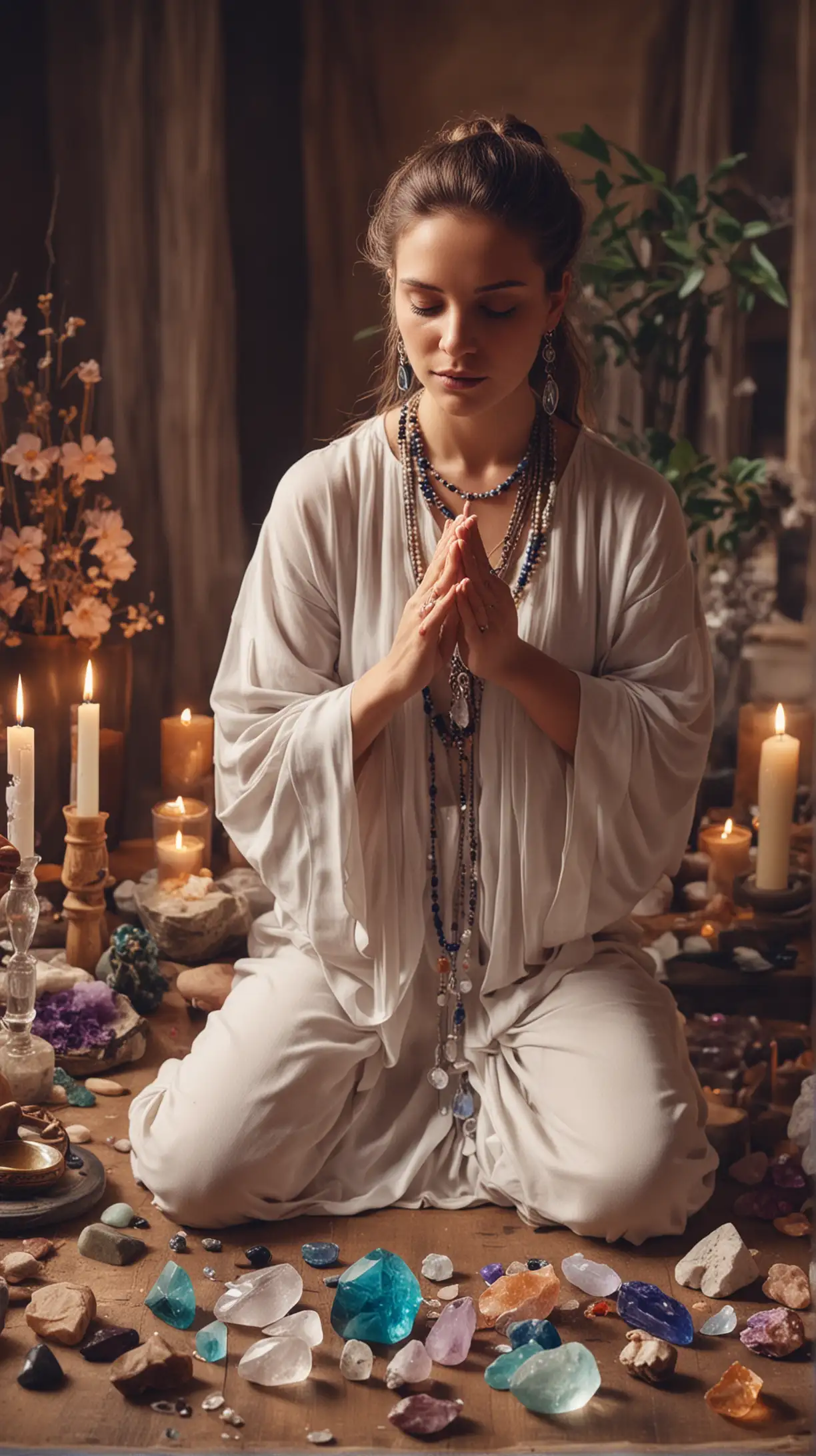 Spiritual Healer Using Crystals in a Serene Setting