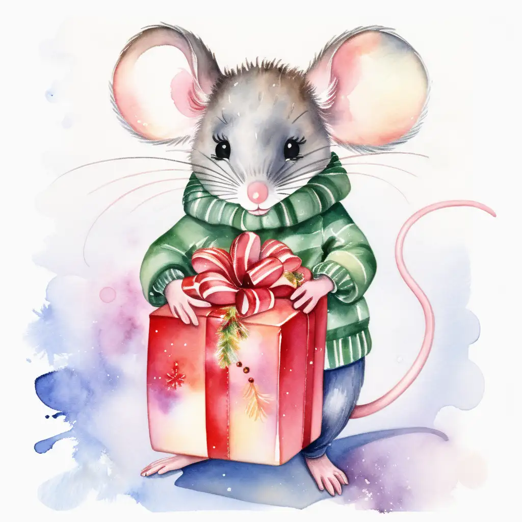 Mouse in Festive Attire Holding Christmas Gift on Watercolor Background