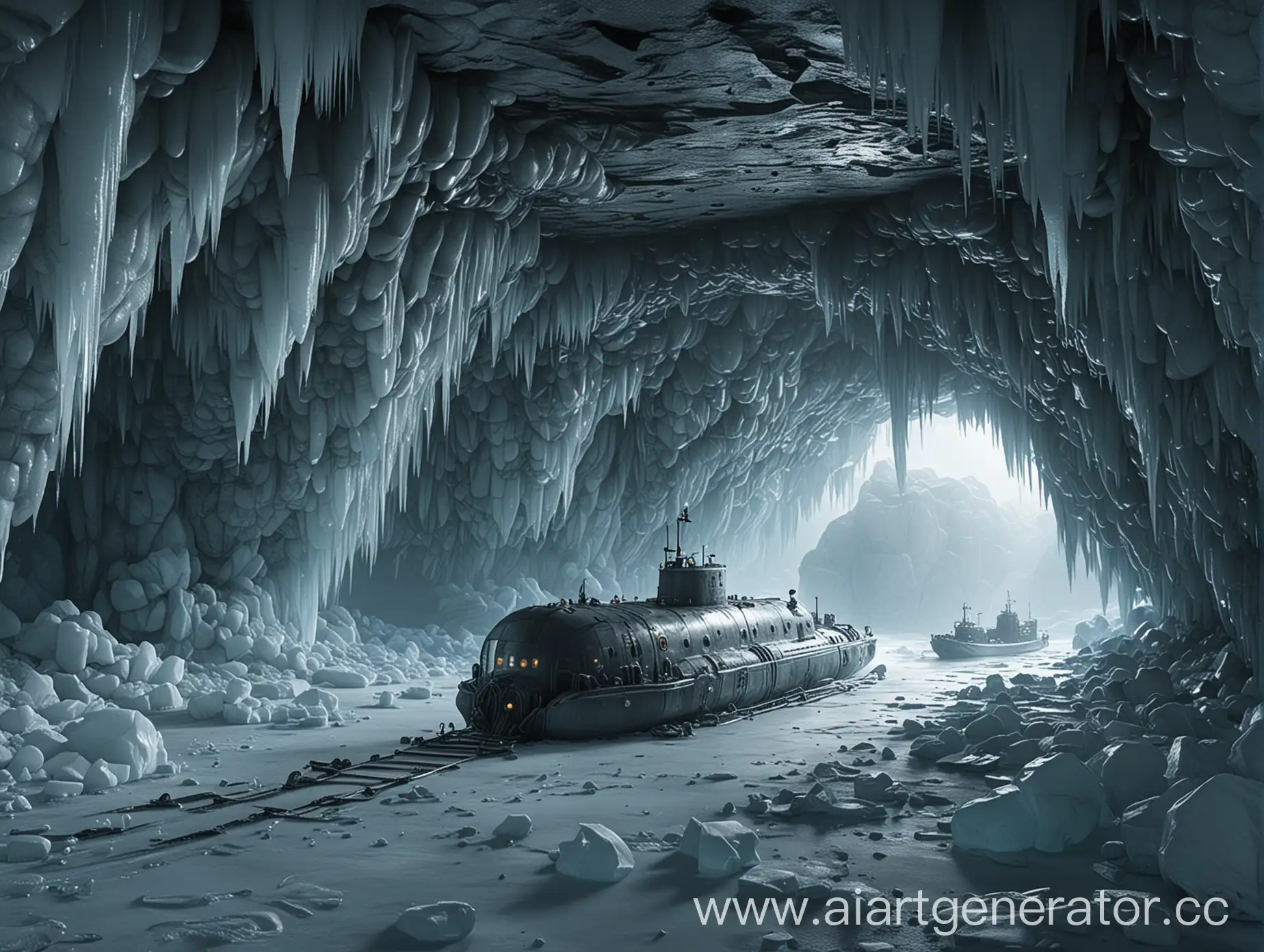 Frozen-Submarine-in-Ice-Cave-with-Platforms