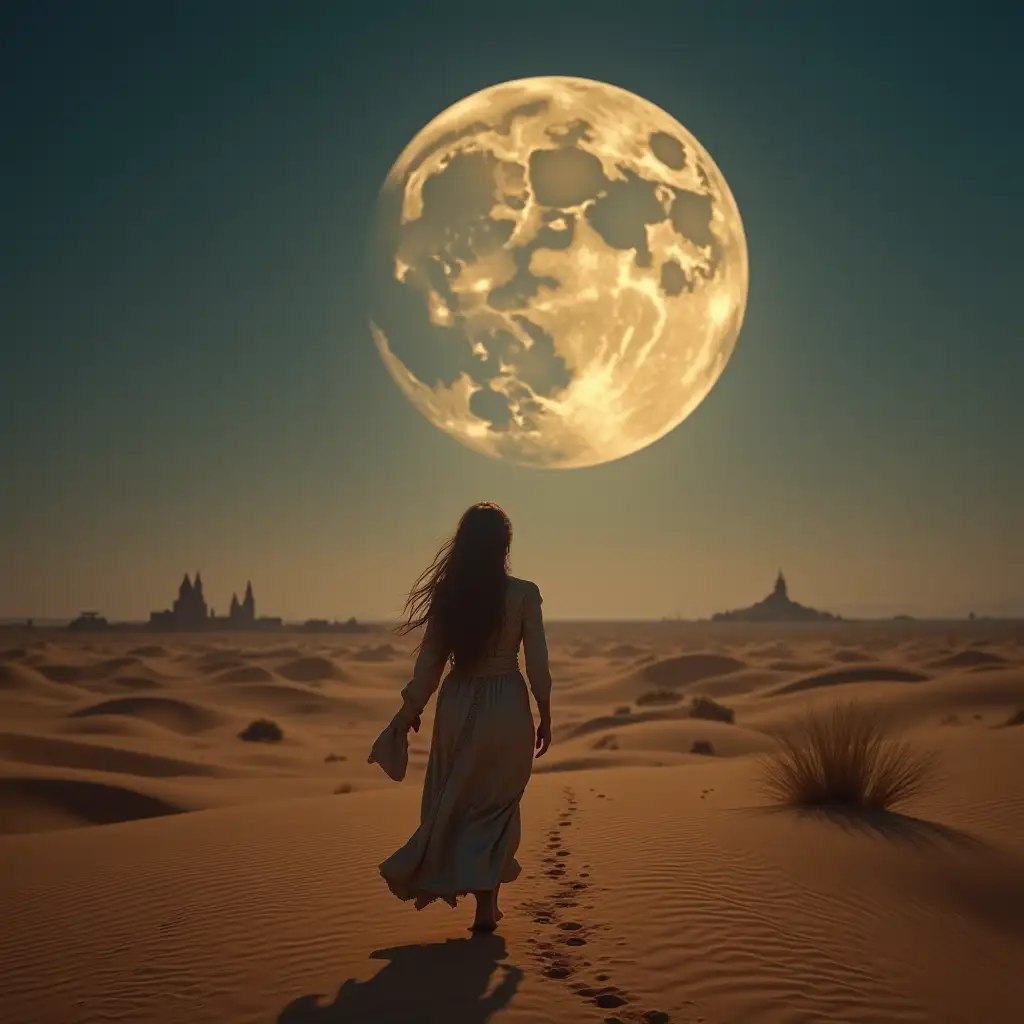 Woman Walking Towards Fantasy Moon Over Desert Town