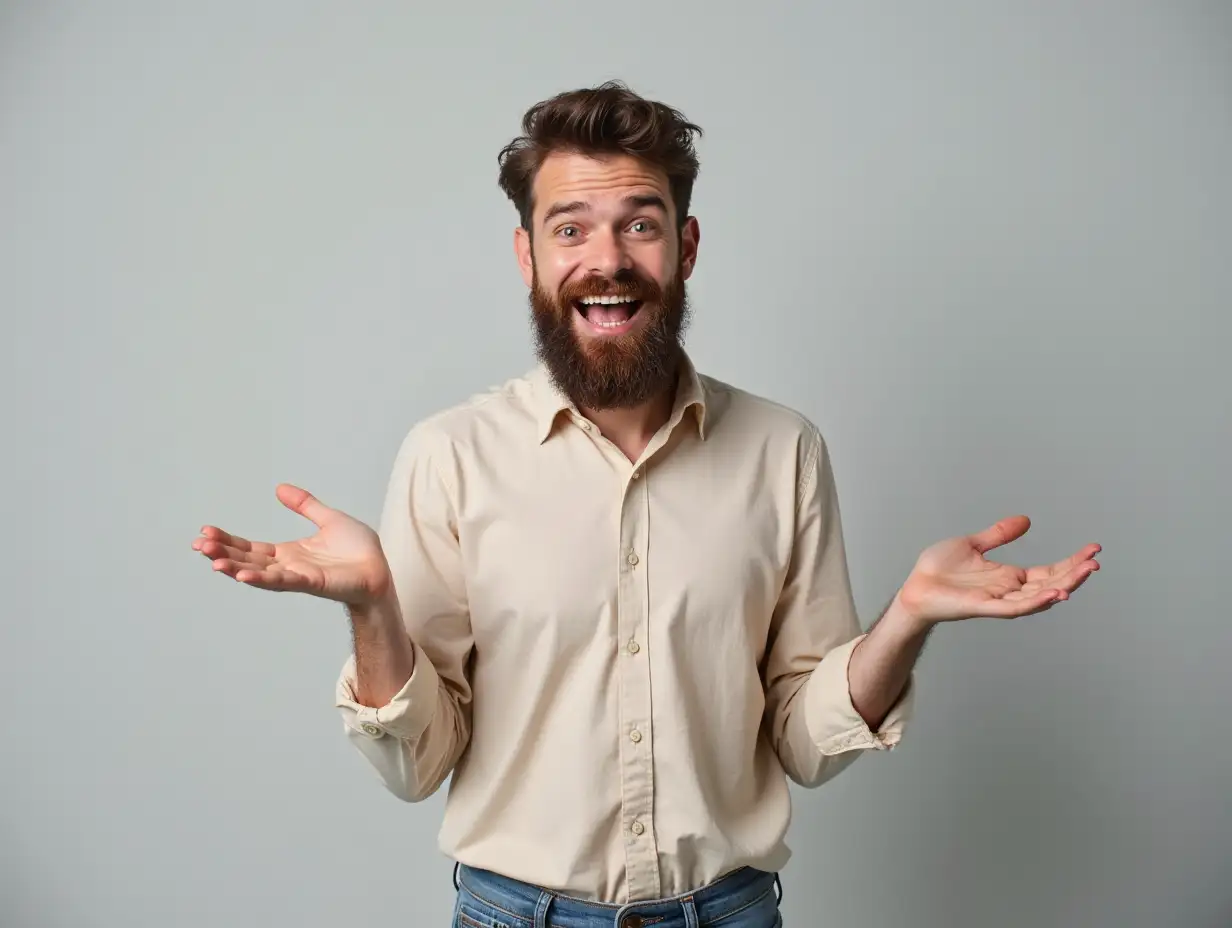 Portrait of his he nice-looking attractive content macho cheerful cheery ecstatic glad bearded guy holding on palm advert best solution choose choice isolated over gray pastel background