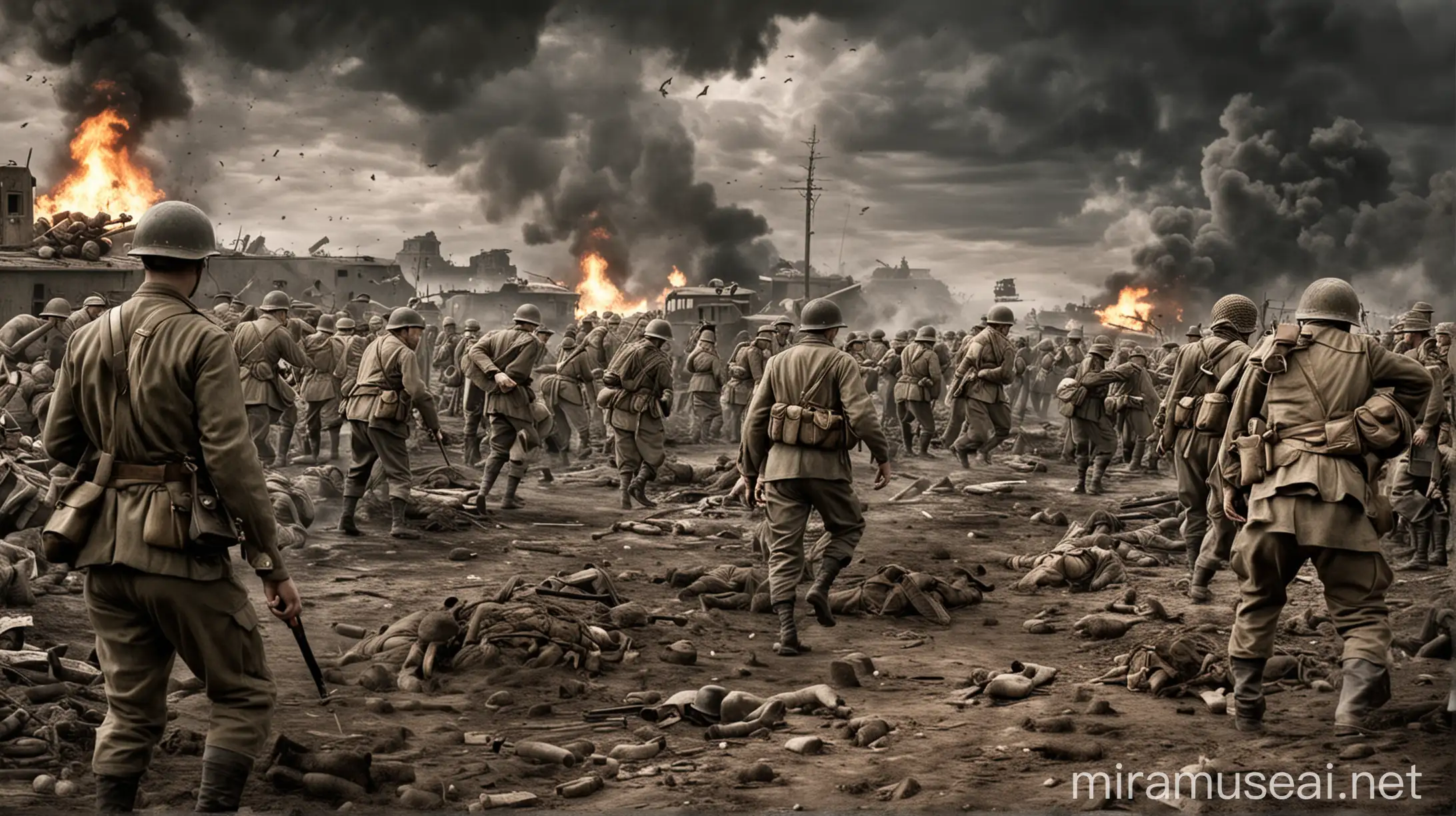 World War 2 Battle Scene with Soldiers and Tanks