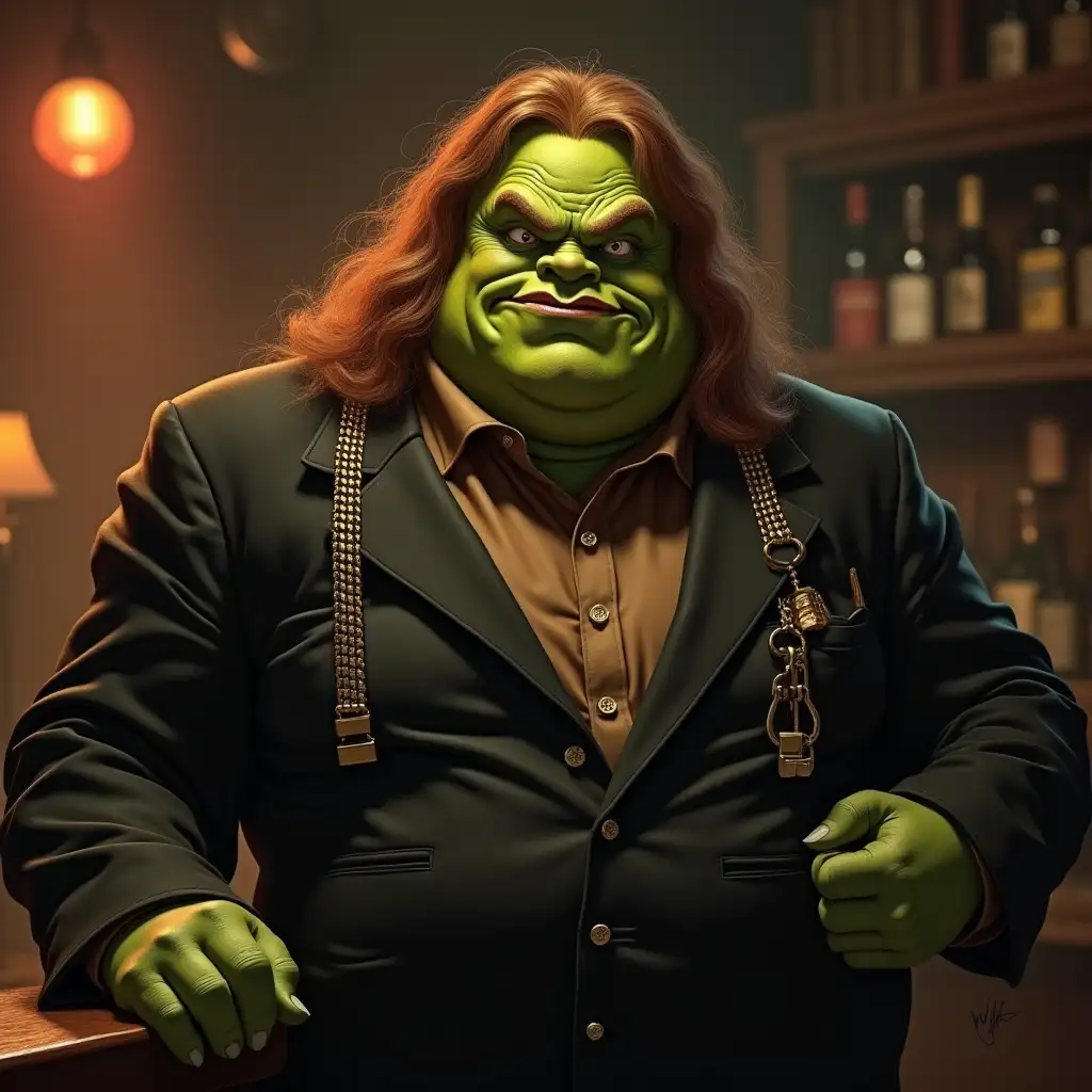 A tough long-haired 8-foot-tall fantasy pale pallid lime green-skinned overweight pudgy bartending fantastical ogre woman, with bronze hair, has several gold lip piercings, and wears a brown 1920s turtleneck shirt under a cheap black suit with brass chain suspenders