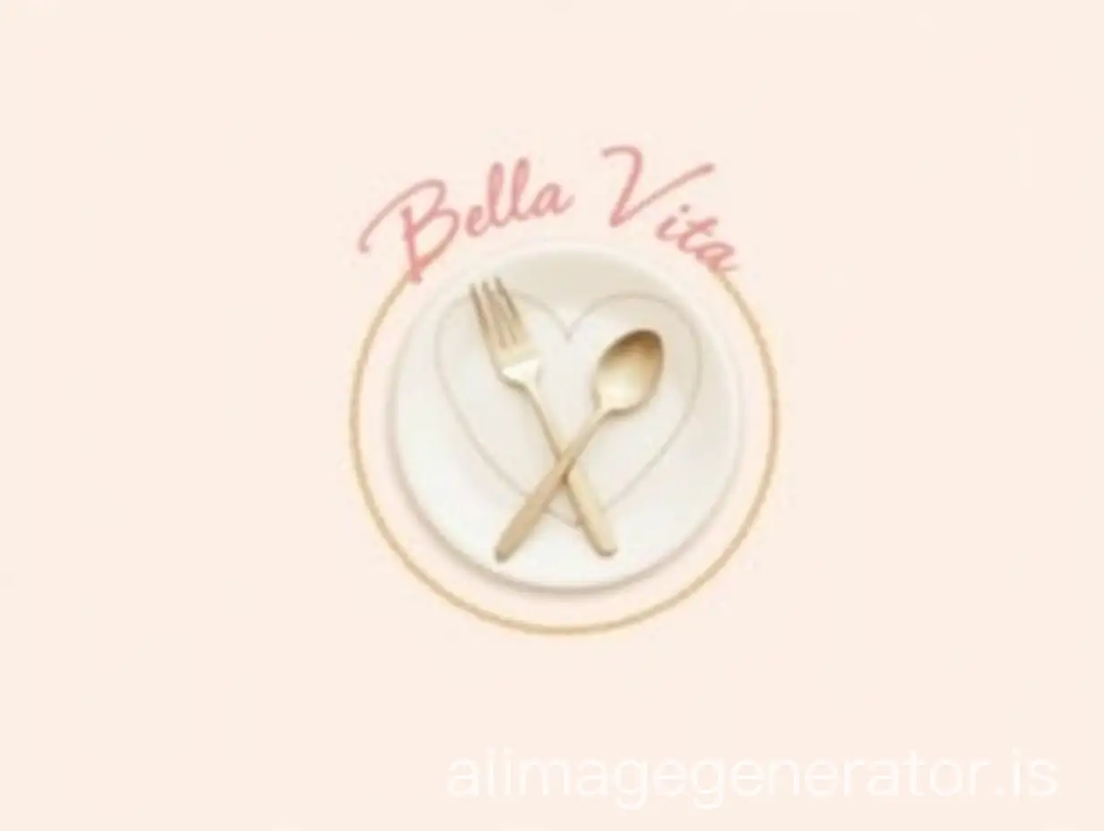An elegant circular logo featuring a soft baby pink background. At the center, a thin, ivory-white plate is placed, with a delicate golden fork and spoon crossed gracefully over it. A subtle heart-shaped shadow in the background adds a gentle, romantic touch. The design is enclosed in a fine, shimmering golden ring, enhancing its sophistication. The brand name 'Bella Vita' is elegantly scripted at the top inside the circle, written in a soft pink, flowing font that conveys warmth and refinement. The overall aesthetic is feminine, luxurious, and refined, capturing the charm and elegance of a high-end Italian restaurant. The quality of this design ensures a polished, upscale look that will captivate your audience.