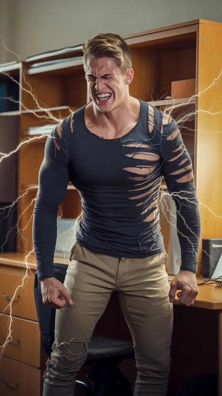 In a college dorm room. A cinematic shot of a well muscled, handsome college athlete wearing a tight, tearing long sleeve, dark gray t-shirt and tight, tearing khaki pants, standing near his desk, alone in the room, grimacing with pain as bolts of golden electricity arc across the room and into his clothes.