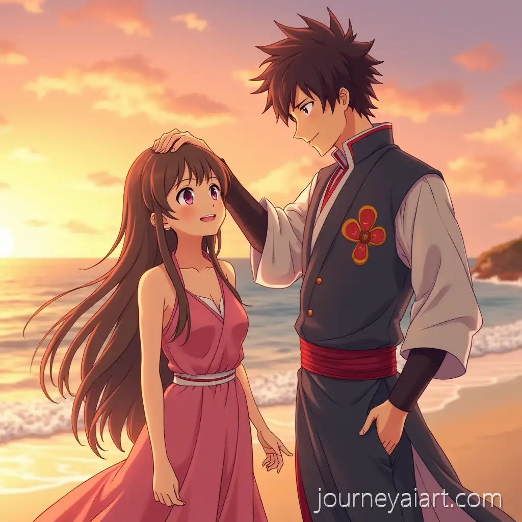 Giyu-Tomioka-from-Demon-Slayer-Patting-a-Happy-Girl-on-a-Sunset-Beach-in-Anime-Style