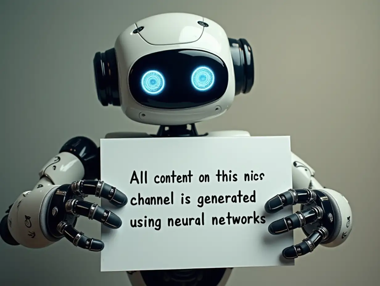 Create a robot with a sign in its hands that says: All content on this channel is generated using neural networks