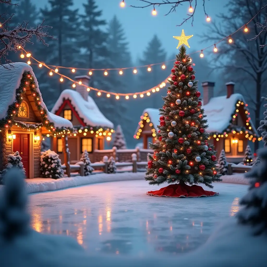 Ice rink with a Christmas tree in a fairy tale village with multicolored garlands, surrounded by a decorated fence, blurred background