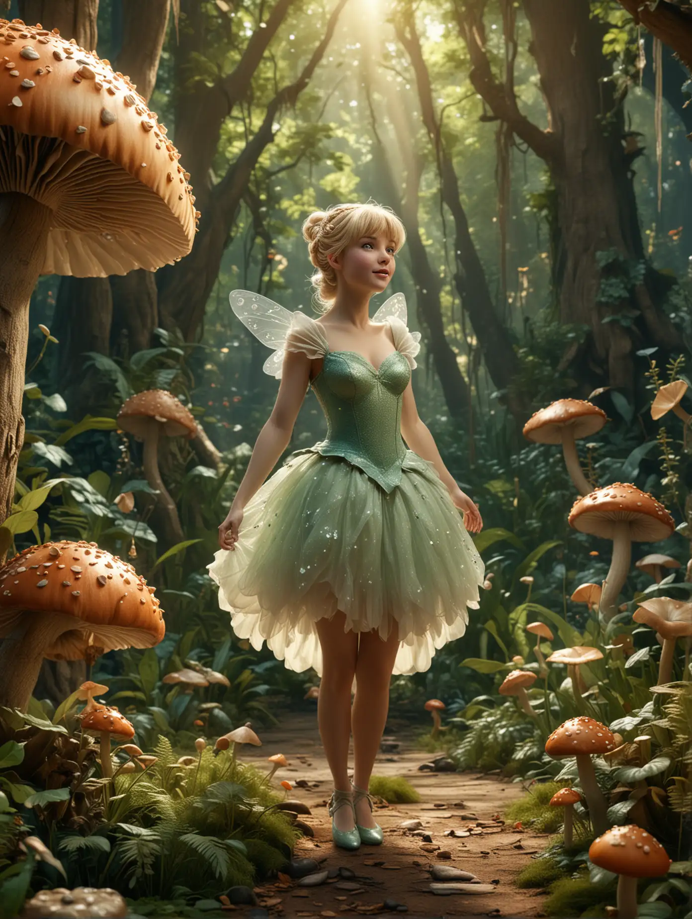 Hyper-realistic 3D photo of Cinderella dressed Tinkerbell-style, dynamic pose, mushrooms land in fairytale jungle background, dynamic shot angle, in a bright late afternoon setting, cinematic, dynamic angle view