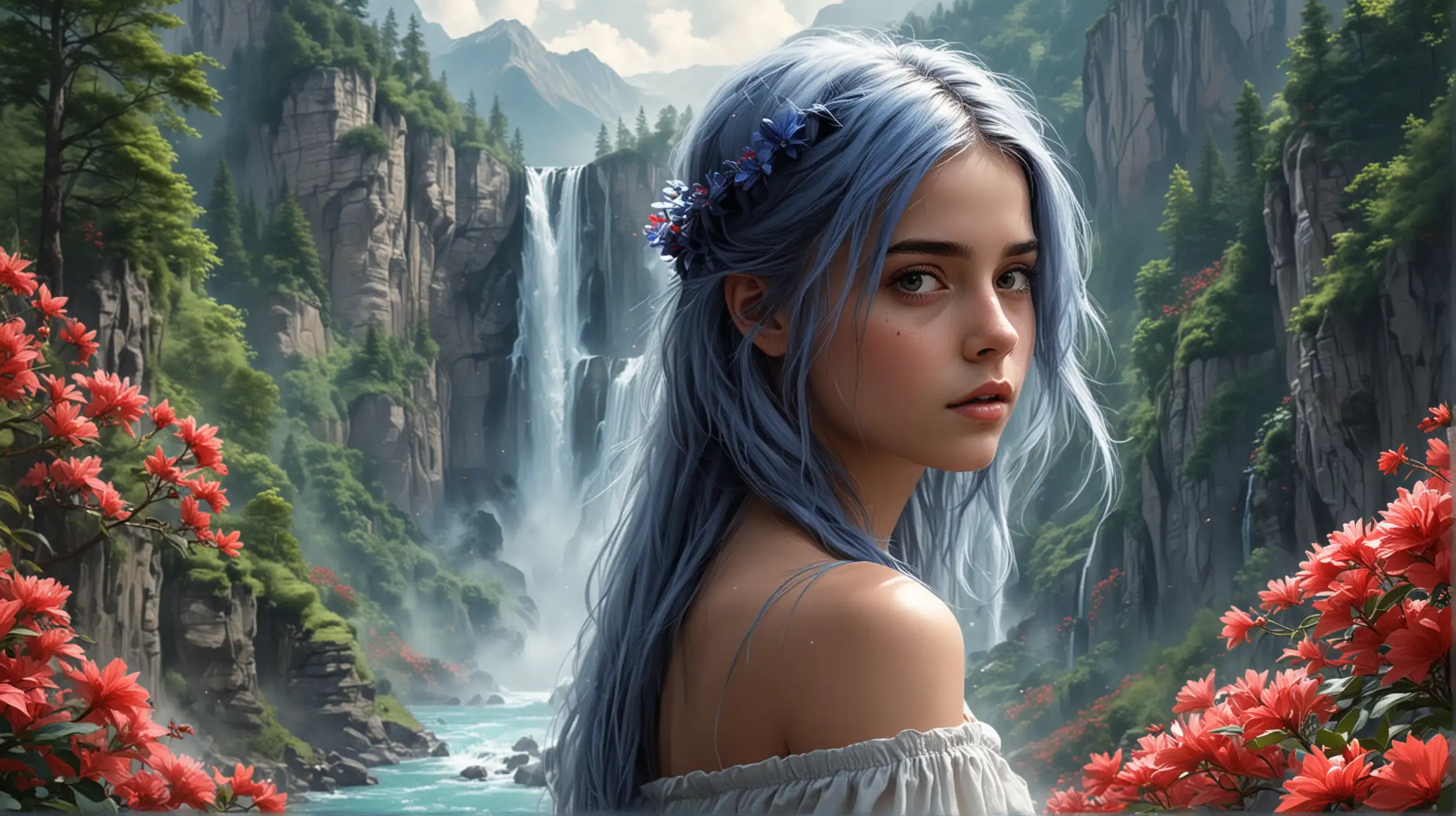 Digital Painting of a Girl with Blue Hair in Mountainous Forest Landscape