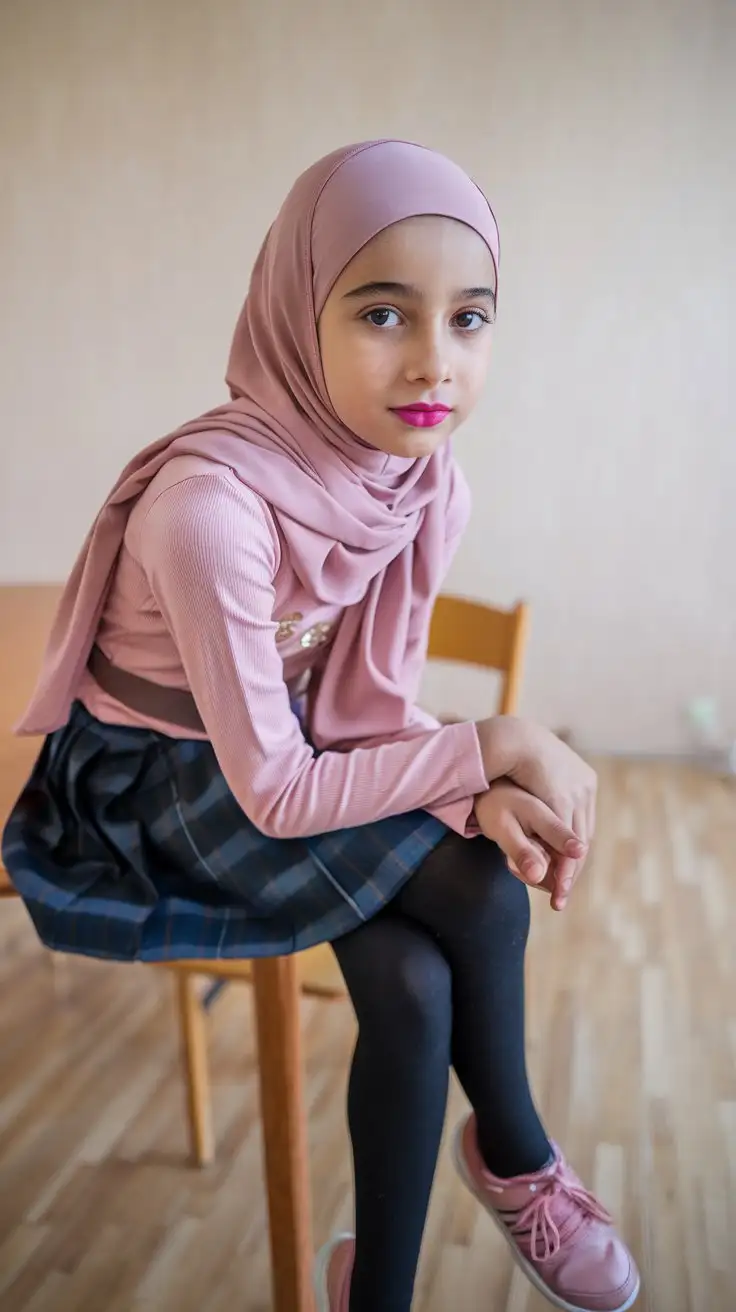 14 years old girl elegant sitting on a wooden table. She is wearing a pink long-sleeved top and a matching hijab. Her outfit includes school skirt, black tights, and she is wearing pink sneakers. The room has light wood flooring and a plain light-colored wall in the background. Pink lips, beautiful, close-up, show face