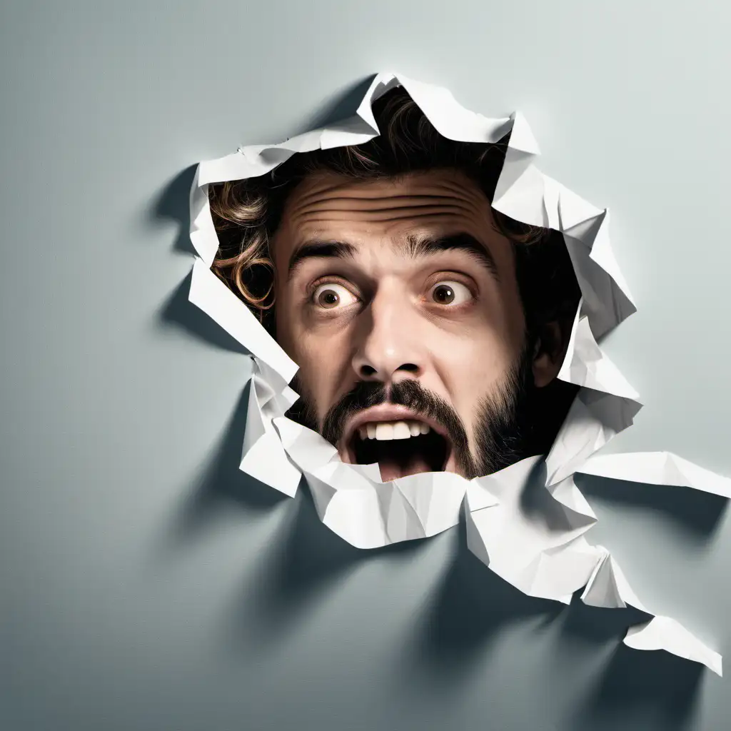 Man Breaking Through Paper Wall with Wavy Hair