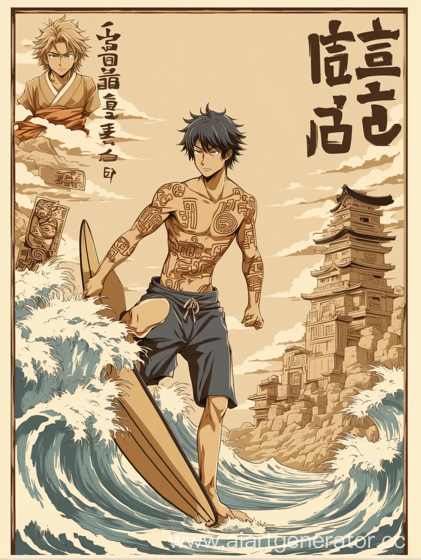 print with a surfer in Japanese anime style with an anime guy character and hieroglyphs in beige tones