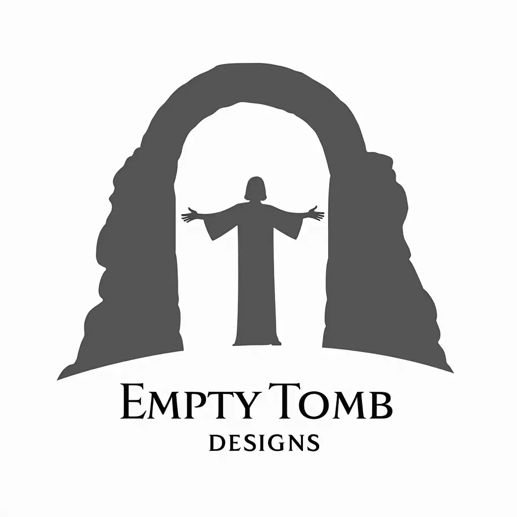 Design an Empty Tomb Designs company logo featuring simple black lines with white background. Depict a round tomb entrance with a large stone rolled back to the right side. In the tomb's entrance, show a silhouette of Jesus standing with outstretched arms. Ensure the company name is placed at the bottom.