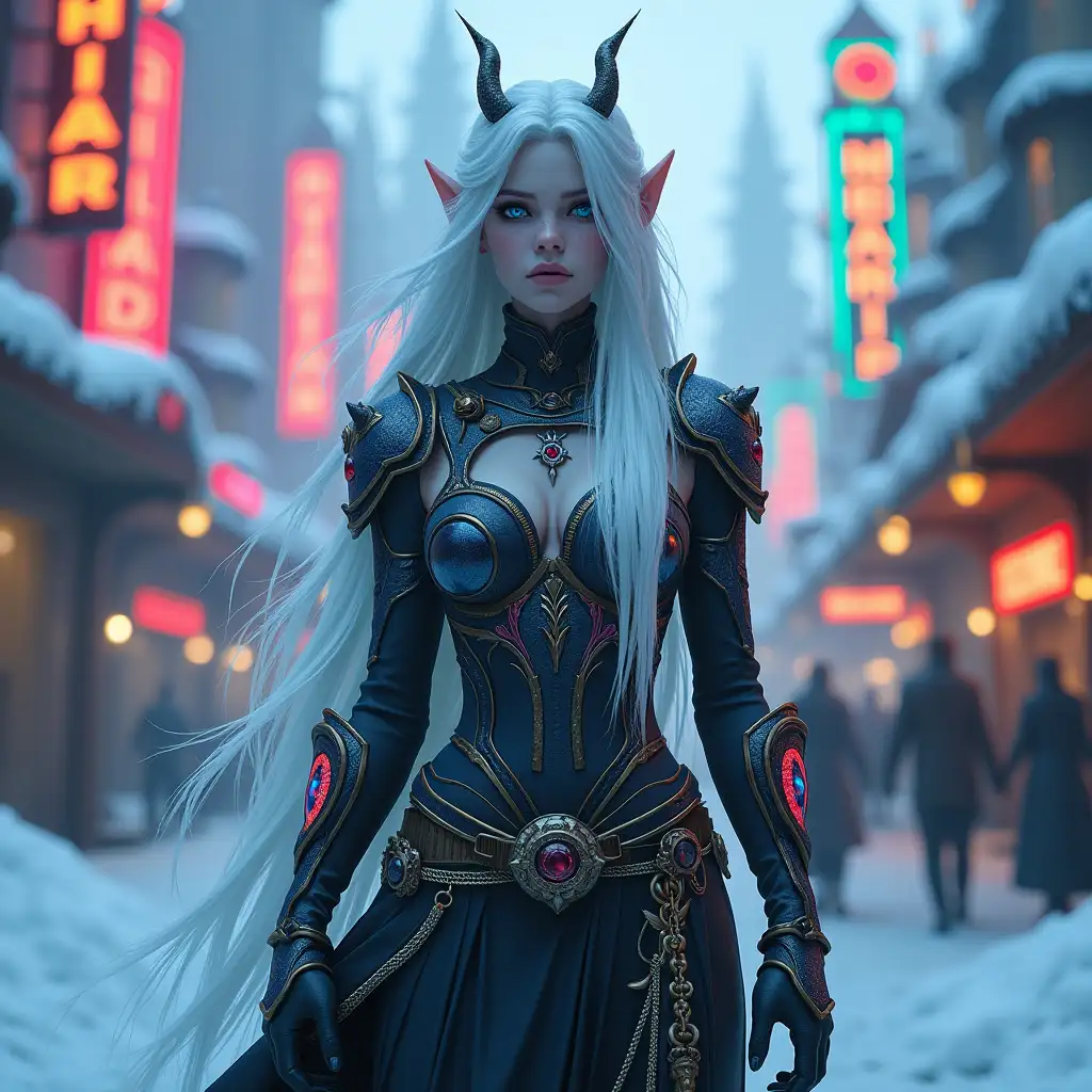 Figure: Aelirenn stands tall with a commanding presence, combining her Elven elegance with the dark, demonic essence of Lilith, and the vibrant style of the Nuka-Cola World Dame.nHair: Her flowing white hair cascades down her back, interwoven with strands that glow with an ethereal, frosty light.nEyes: Her eyes are a striking combination of icy blue and fiery red, reflecting both her frosty power and Lilith's dark influence.nArmor: She wears intricate Elven armor, now infused with dark, shadowy elements. The armor is adorned with retro-futuristic designs from Nuka-Cola World, featuring glowing neon accents and whimsical details.nnBackground: The scene behind her is a fantastical mix of snowy wilderness and the colorful, vibrant elements of Nuka-Cola World. Neon signs and amusement park features are intertwined with icy landscapes, creating a unique and visually stunning backdrop.