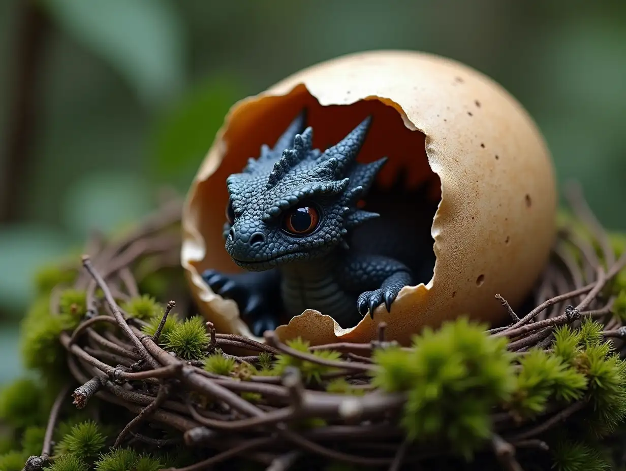 user_prompt: Dragon egg broken, inside there is a black baby dragon with scales of ultimate realism. The egg is in a nest of twigs and fresh moss hyperrealistic