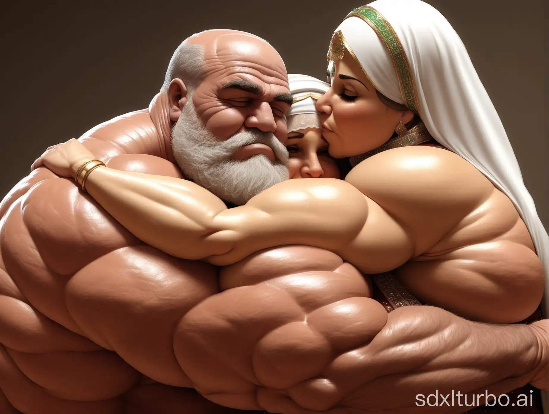 Strong-Muscular-Old-Man-in-Arabic-Dress-Hugging-His-Wife