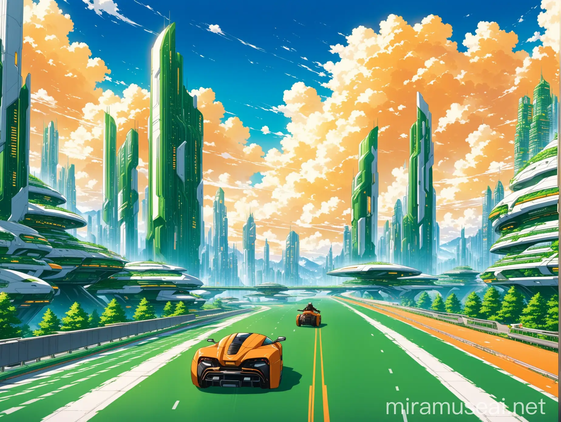 a futuristic city, Gruyère-shaped buildings, there are futuristic cars and motorbikes on green road. the sky is orange, the clouds are yellow. in futuristic anime.