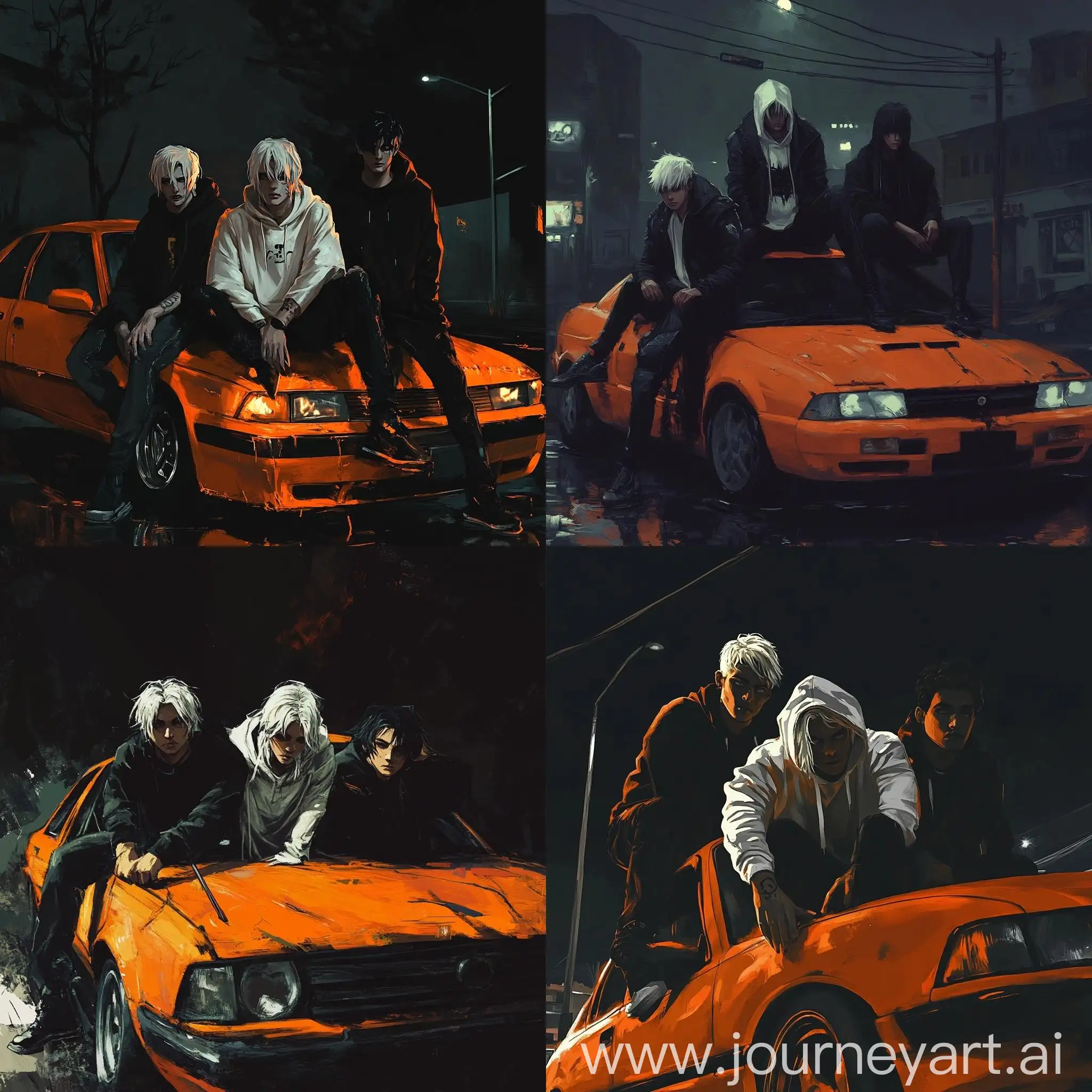 Creepy-CreepypastaInspired-Digital-Painting-Trio-on-an-Orange-Car-at-Night