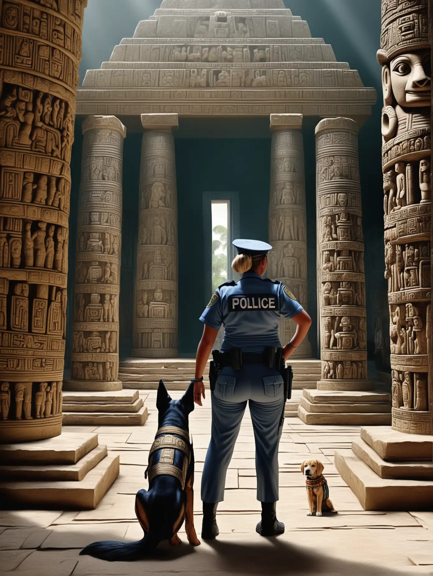 Black humor. Comedy ‘Rolf’ girl police officer in full height with a huge service dog looking for lost Mayan treasures in an ancient temple. Hyperrealism, cinematography, high detail, photorealism,