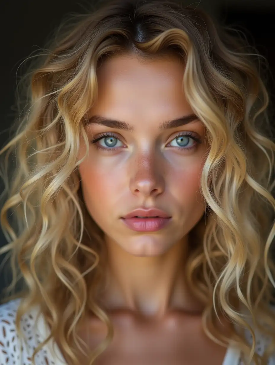 fullface photo of 25 yo blonde girl, curly hairs, thin lips, triangular face shape, roman nose, looking at viewer, highly detailed