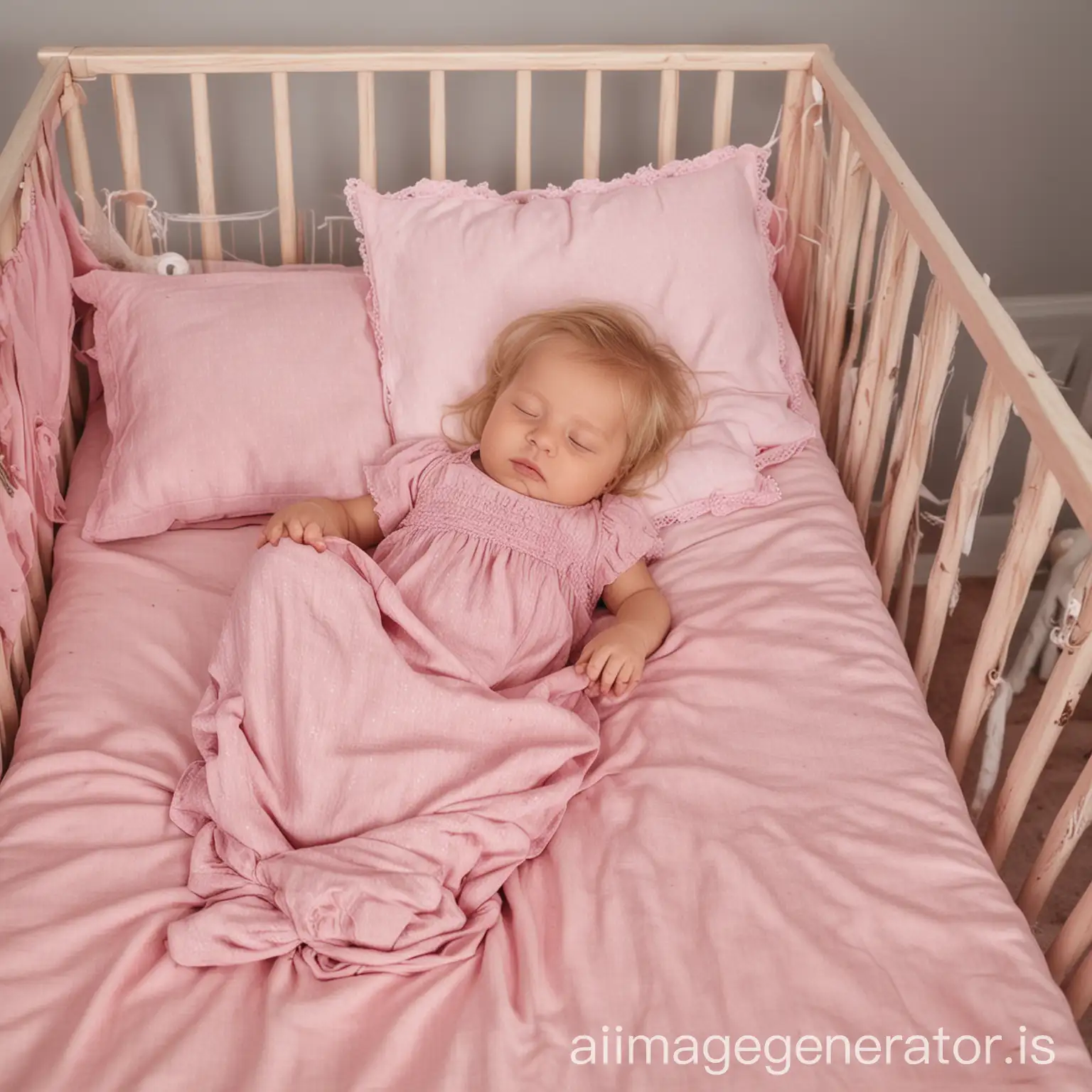 Little Newborn baby girl with long blonde hair and pink Dress on sleeping with barefoot barefeet In pink cot crib