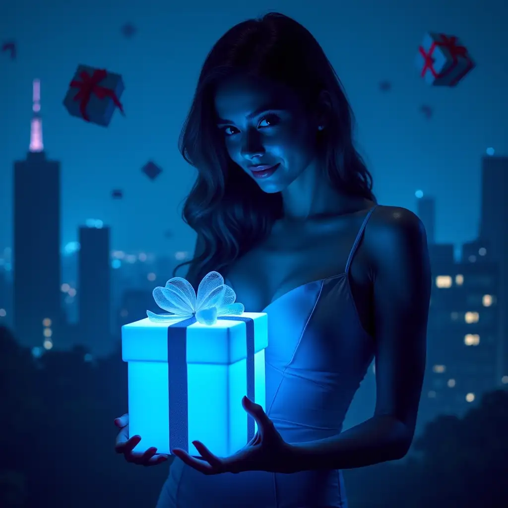 Design a banner with a central focus on a flirtatious, beautiful woman in a glowing neon-blue latex dress with a deep neckline, accentuating her chest. She gazes directly at the viewer with a subtle, playful smile, holding and pressing against her chest a large, semi-transparent gift box that emits a soft blue glow. Inside the box is a 3D light blue  neon glowing Telegram logo. There is a bow on the lid of a gift box made of organza. The background showcases an autumn cityscape with skyscrapers in a bluish haze, and casino-branded gift boxes are falling from above. The scene should be visually captivating, blending elegance with a touch of playfulness and allure.