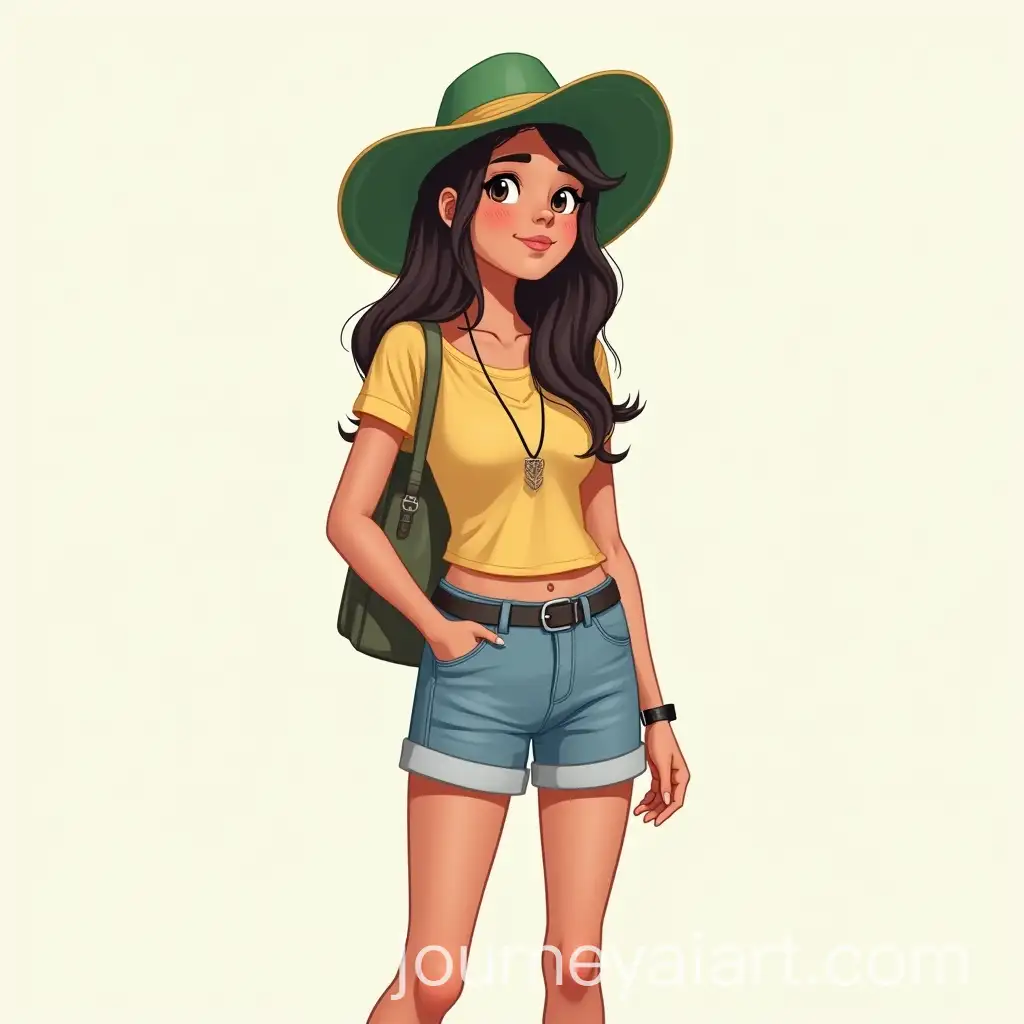 Teenage-Girl-in-Stylish-Outfit-with-Green-Panama-Hat-and-Denim-Shorts