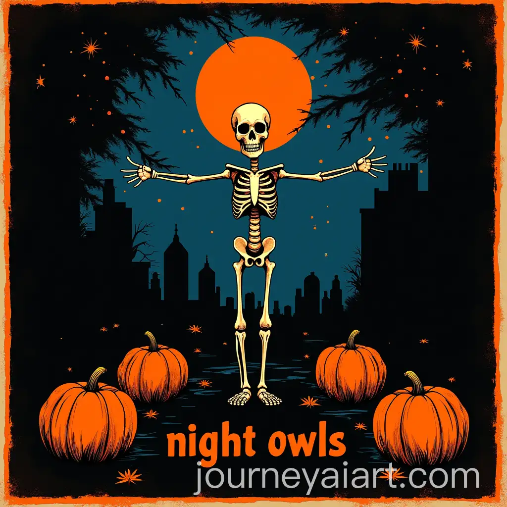 BauhausStyle-70s-Poster-Featuring-a-Festive-Skull-in-a-Cemetery