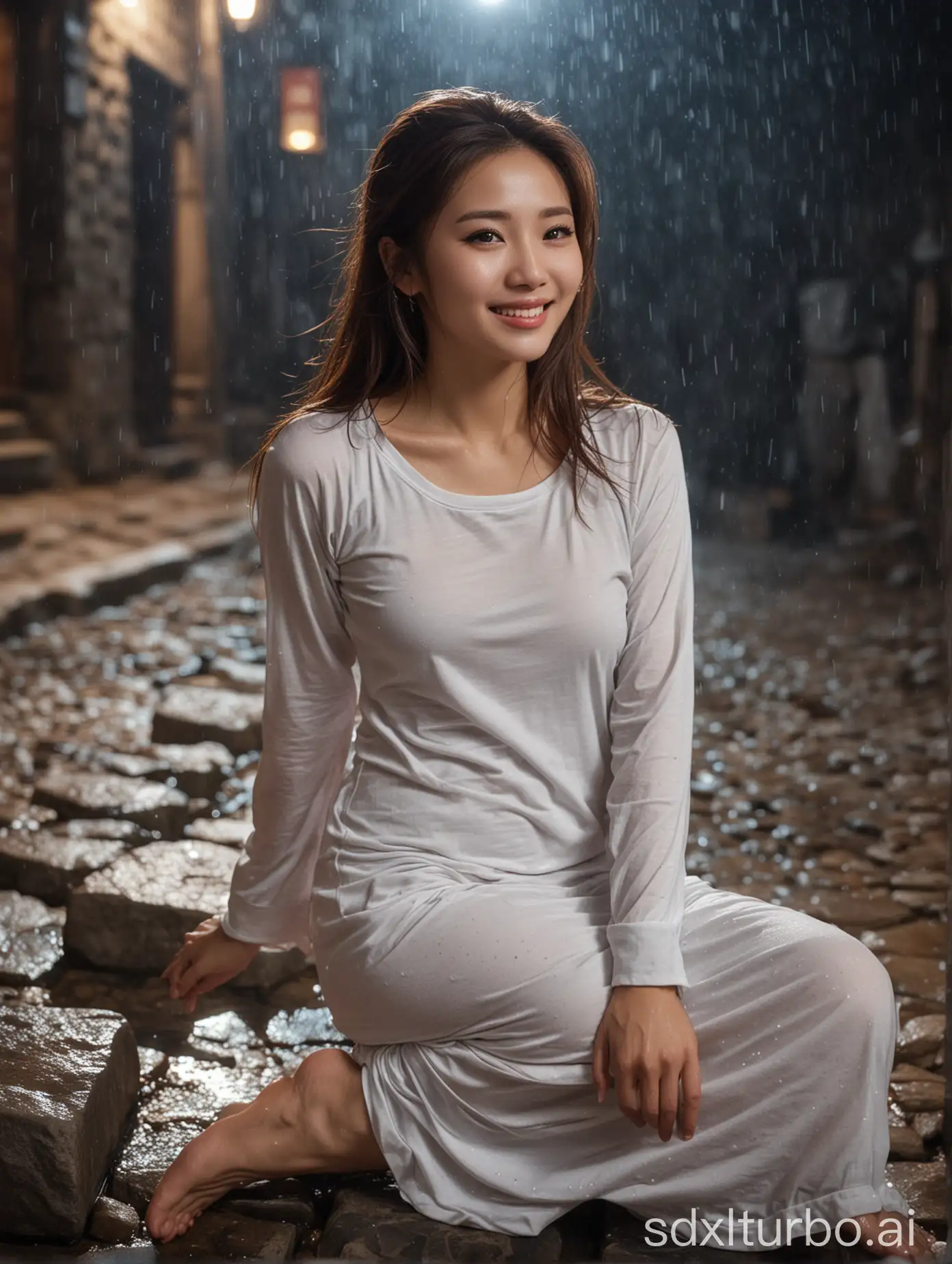 user_prompt: Chinese woman, sexy and sweet smile, brown hair, white skin, black eyes, winter night white tight T-shirt and long dress, clothes wet sitting on a stone in the village, rain, shooting angle up