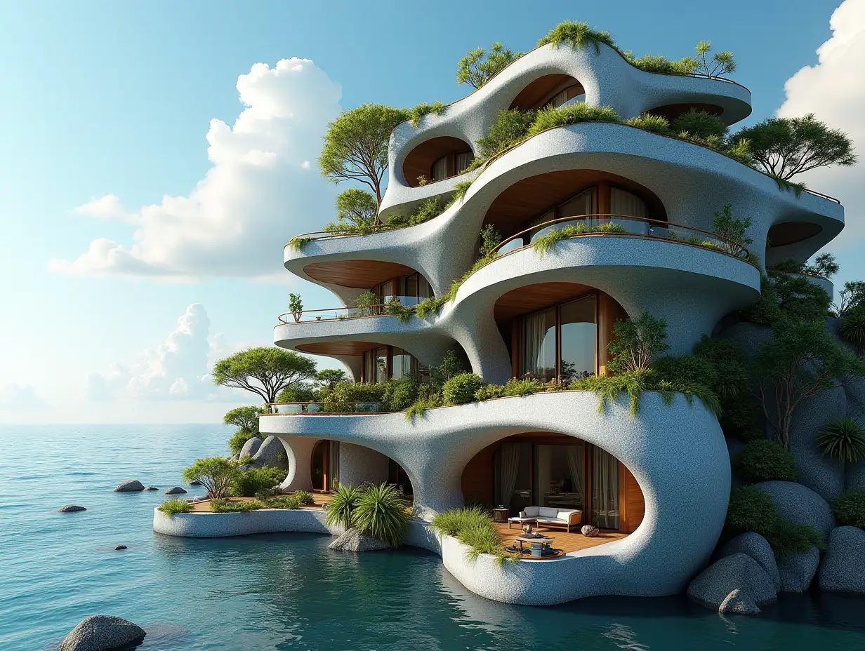 Create a high-resolution, realistic panorama image of a multi-level futuristic terrace building leading to the sea with window snail house with many plants and gray and brown facades with large sea trees, blue sky