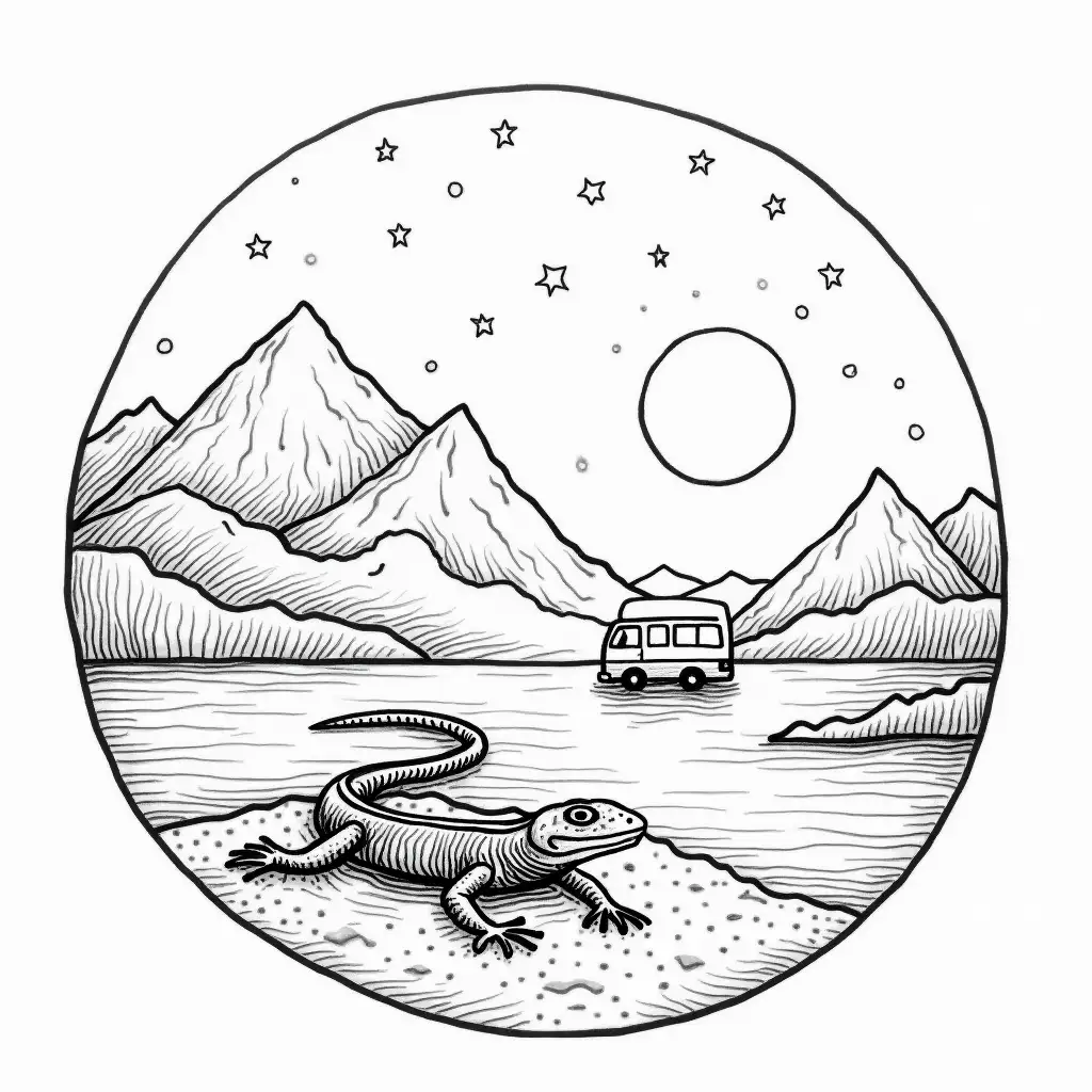 Drawing in black and white inside a circle that appears within the circle mountains, lizard, sea, a camper van, the sun and the moon, stars