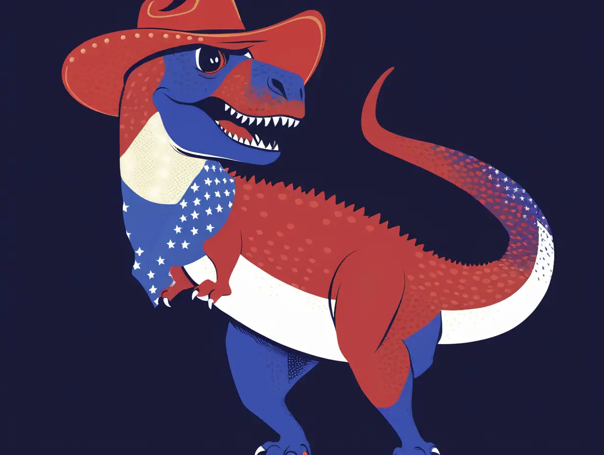 Dinosaur Artwork with American Flag Colors and Cowboy Hat