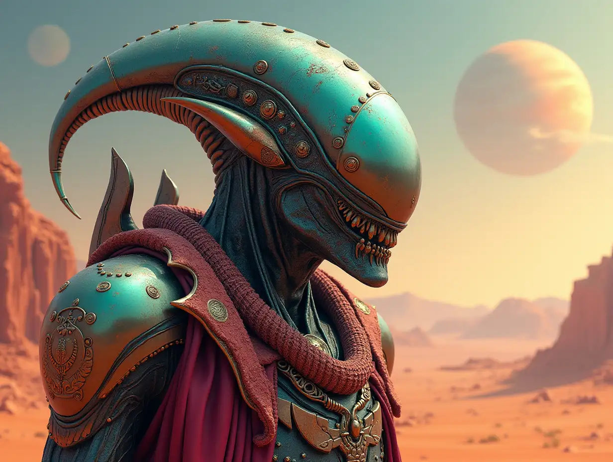 Hyperrealistic portrait of a gpanzerter metal alien king 10 meters tall with the elaborately detailed, colorful desert planet background