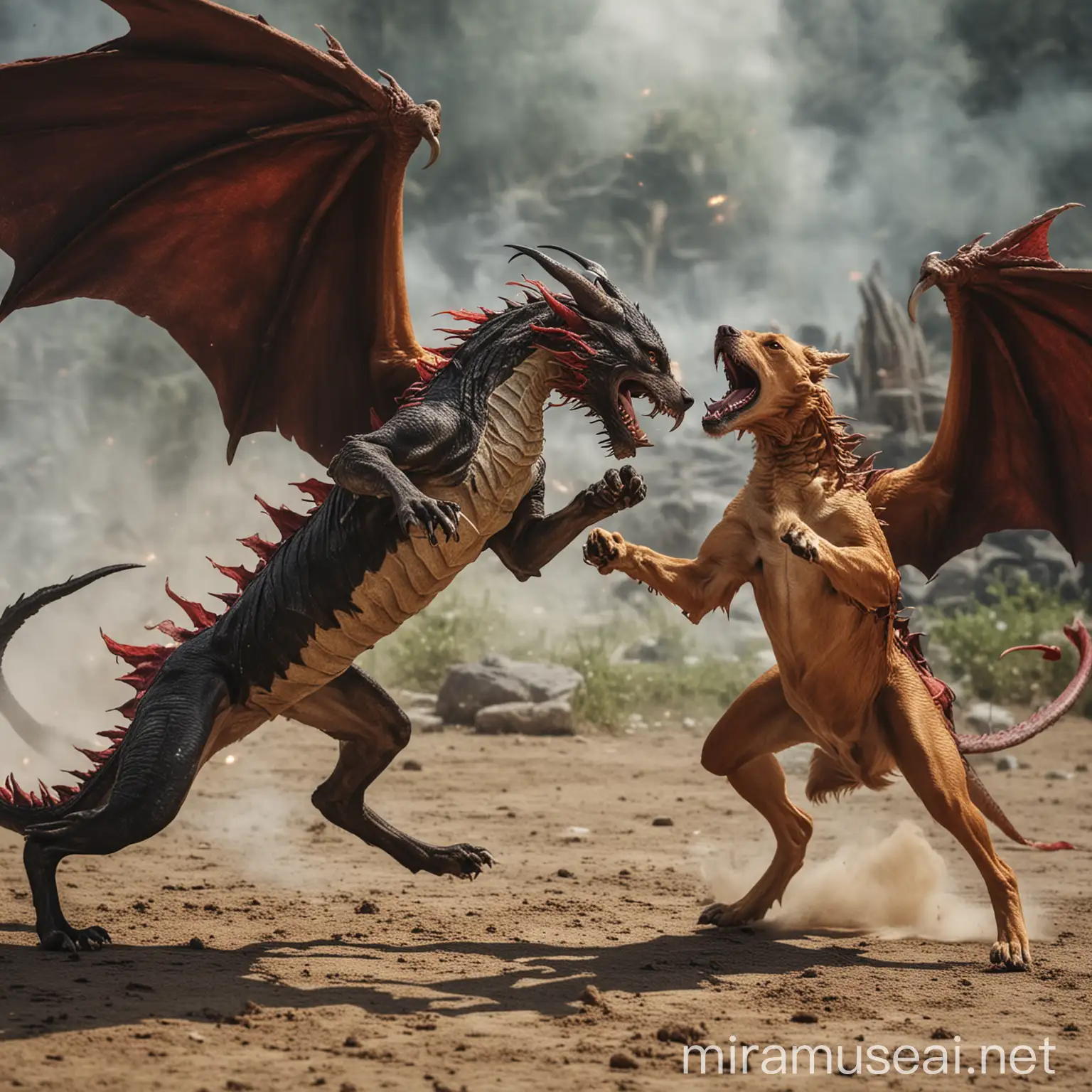 Epic Battle Dog Confronts Dragon in Fiery Encounter