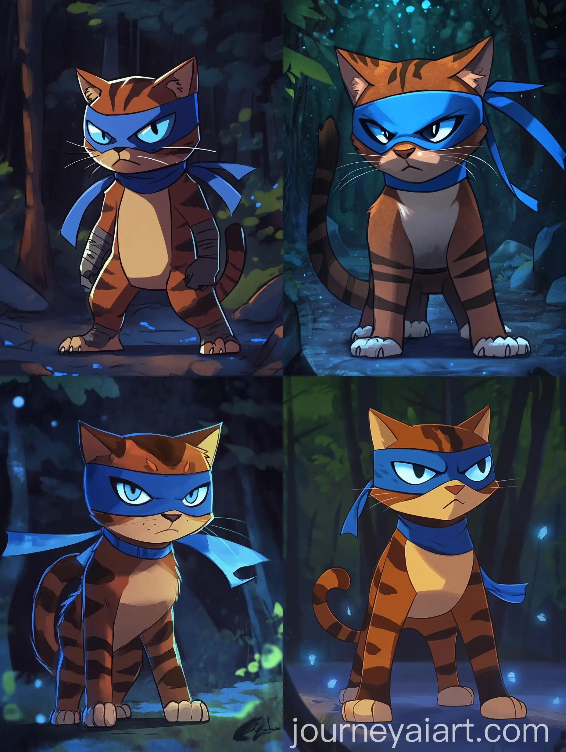 Cartoon-Cat-with-Blue-Ninja-Bandana-in-Forest-Setting