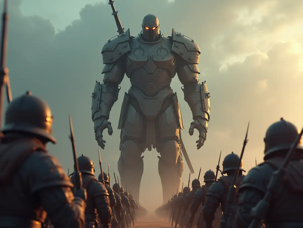 Create ki fantasy with a high-resolution, realistic image of the artificial Robert, 40 meters tall, and soldiers with weapons on the Europamond 4k resolution