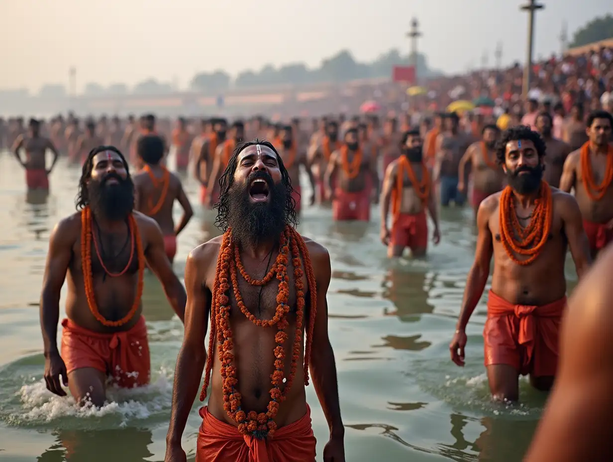 Naga Sadhus taking a holy dip in the Ganges, their faces filled with divine ecstasy, as thousands watch in reverence.