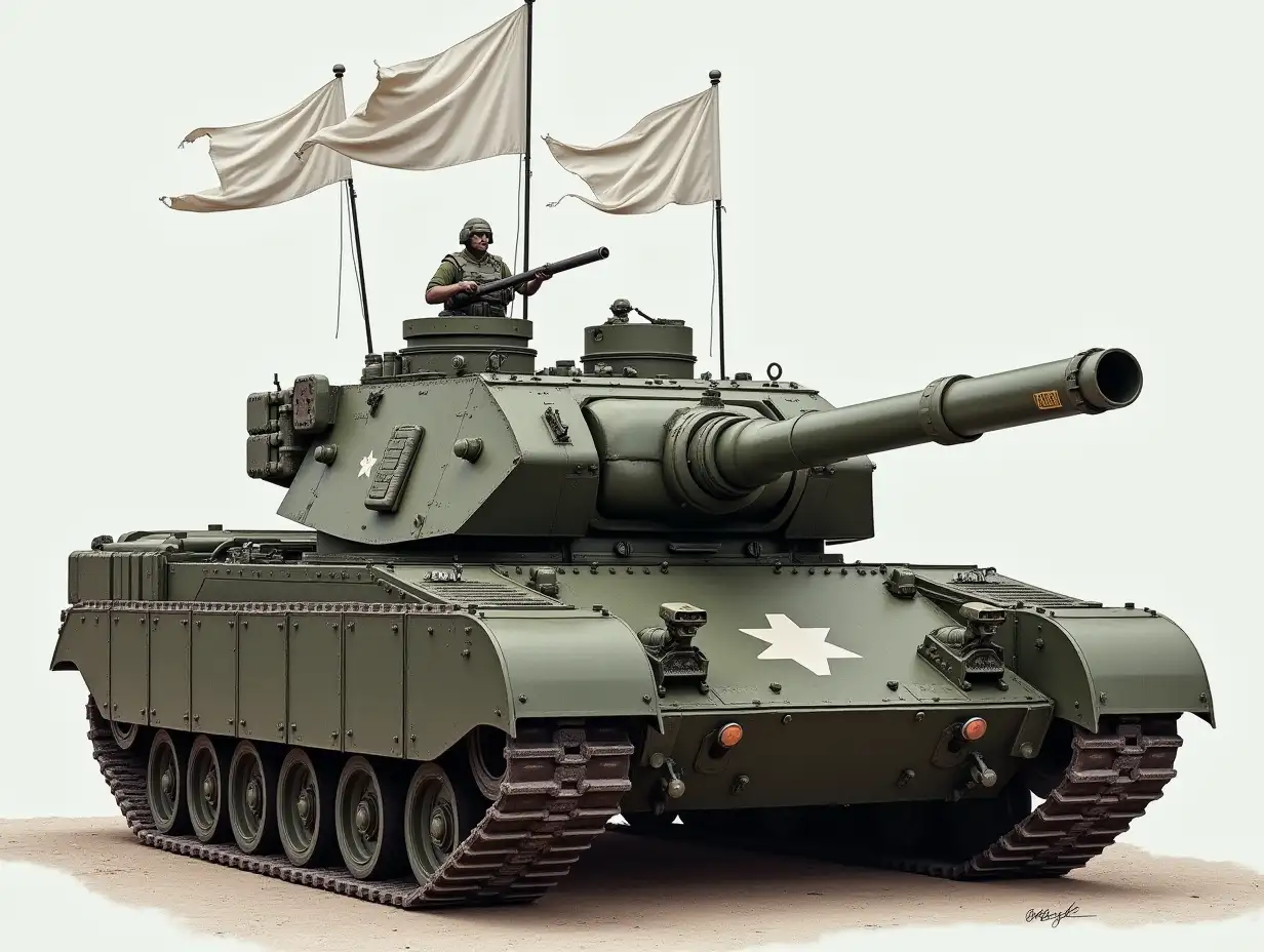 A huge tank without a gun or machine guns. Powerful armor. A white flag is painted on the armor, and three more white flags are sticking out from the turret.