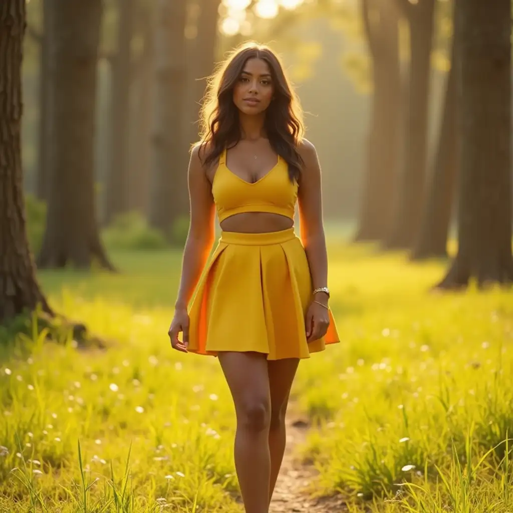 Beautiful-Dubai-Girl-in-Yellow-Outfit-Standing-in-Forest-with-Dynamic-Lighting