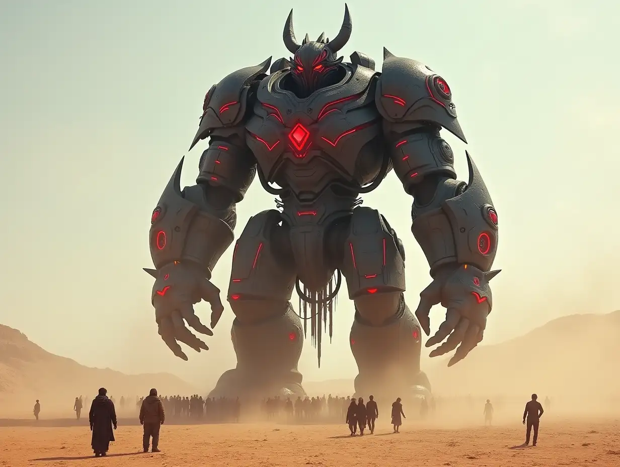 Create for me a 20 meter Android Titan Cyber Troll in black red with armor in a vast desert with many people.