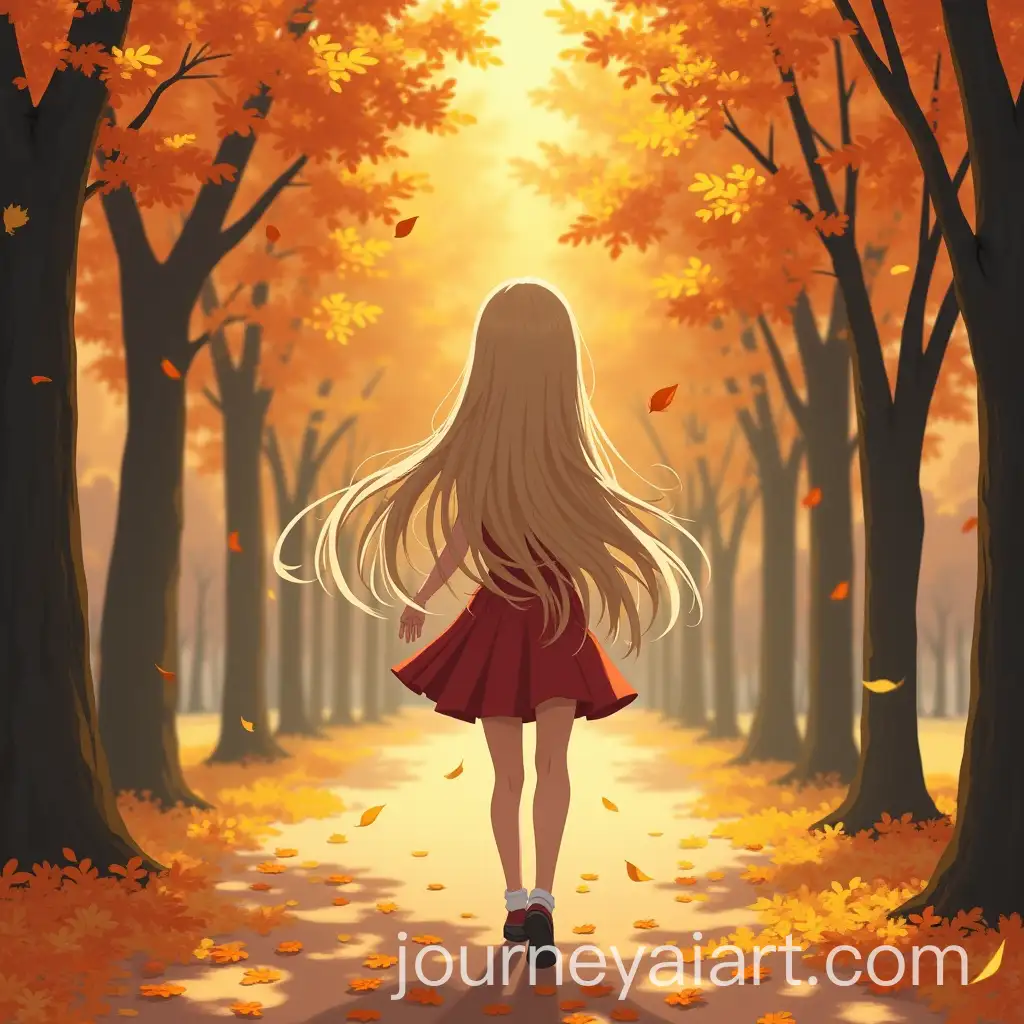Girl-Walking-Through-a-Peaceful-Autumn-Park-with-Falling-Leaves